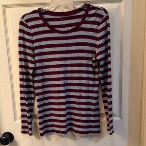 GAP Burgundy and Gray Striped Long Sleeve Tee